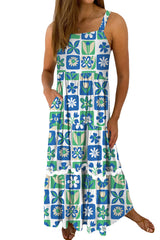 Multicolour Checkered Floral Print Ricrac Trim Casual Pocketed Sleeveless Long Dress Dresses JT's Designer Fashion