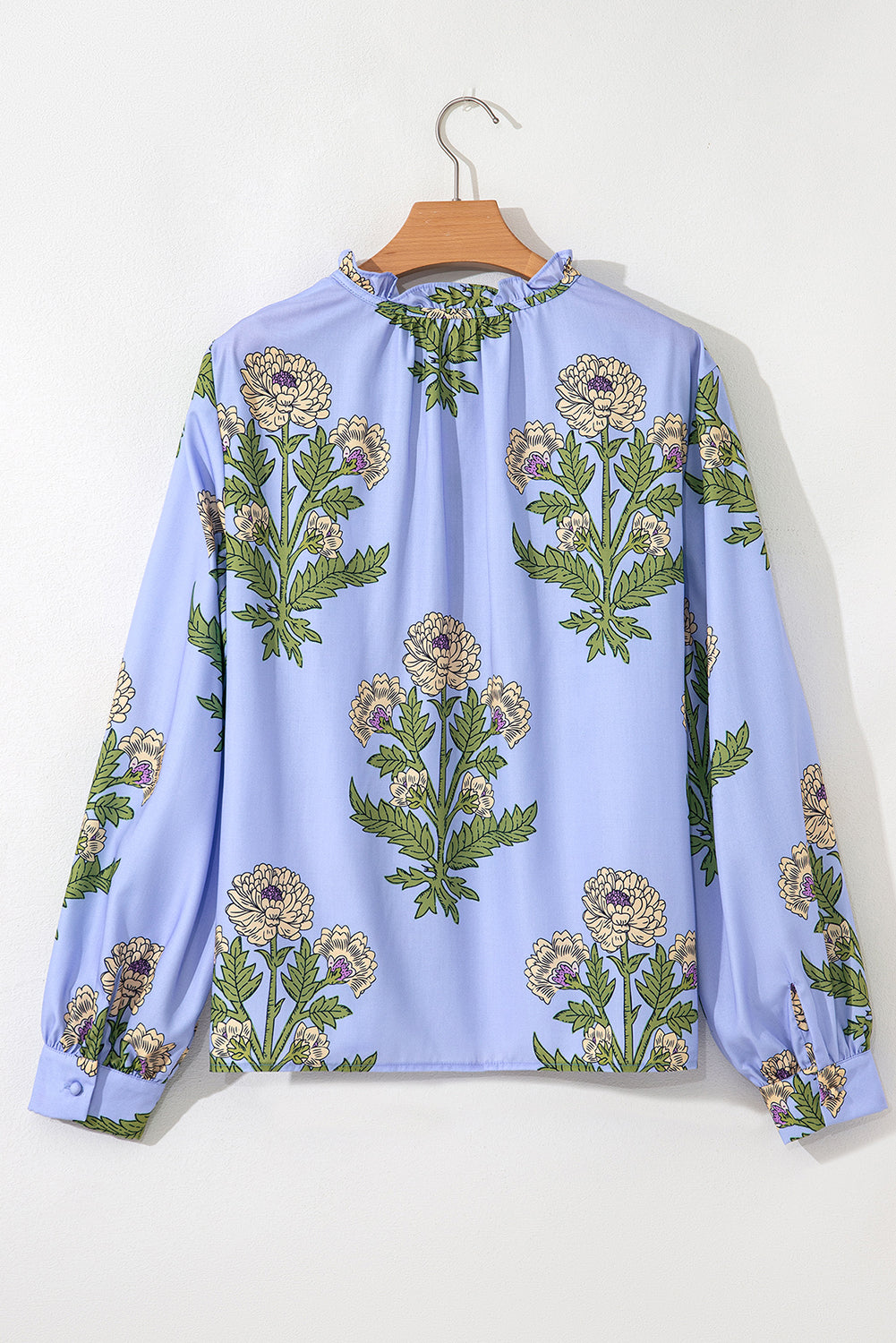 Sky Blue Floral Print Button Tie Neck Long Puff Sleeve Blouse Blouses & Shirts JT's Designer Fashion