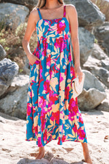 Dark Blue Floral High Waist Sleeveless Flared Long Dress Floral Dresses JT's Designer Fashion