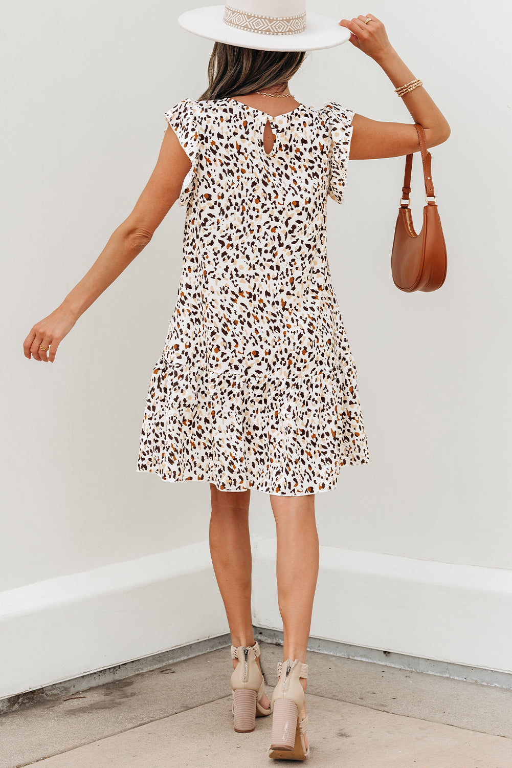 Khaki Leopard Ruffled Flutter Sleeve Keyhole Back Mini Dress Mini Dresses JT's Designer Fashion
