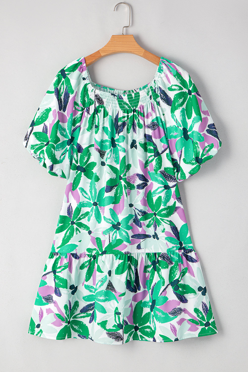 Green Floral Print Shirred Square Neck Loose Fit Mini Dress Floral Dresses JT's Designer Fashion