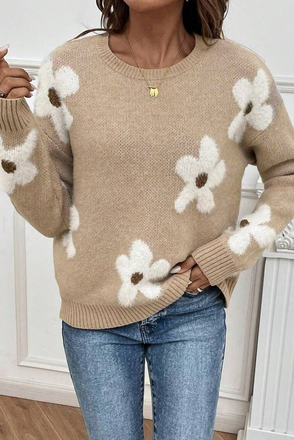 Parchment Flower Pattern Ribbed Trim Crew Neck Sweater Parchment 50%Viscose+28%Polyester+22%Polyamide Sweaters JT's Designer Fashion