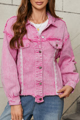 Pink Lace Patchwork Distressed Buttoned Denim Jacket Pink 100%Cotton Denim Jackets JT's Designer Fashion
