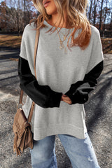 Gray Two Tone Patchwork Drop Shoulder Pullover Sweatshirt Sweatshirts & Hoodies JT's Designer Fashion