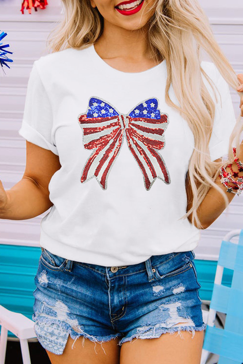 White USA Flag Bow Knot Patched Crew Neck T Shirt Graphic Tees JT's Designer Fashion