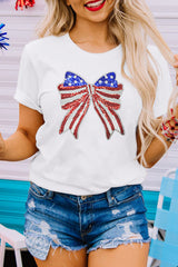 White USA Flag Bow Knot Patched Crew Neck T Shirt Graphic Tees JT's Designer Fashion