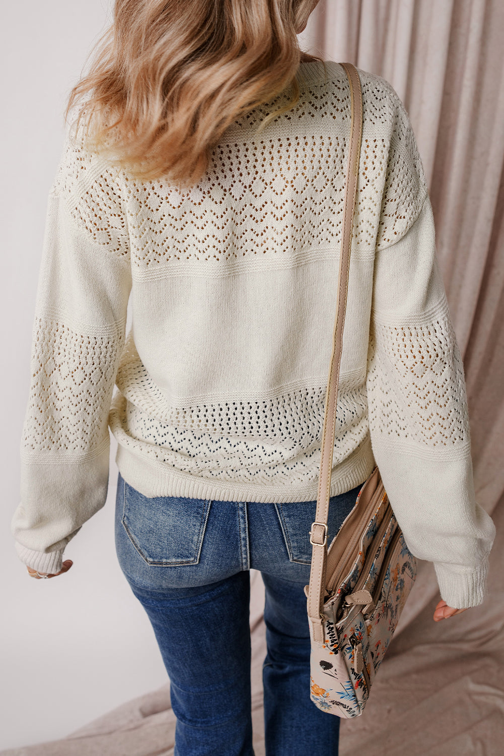 White Eyelet Pattern Detail V Neck Drop Shoulder Sweater Sweaters JT's Designer Fashion