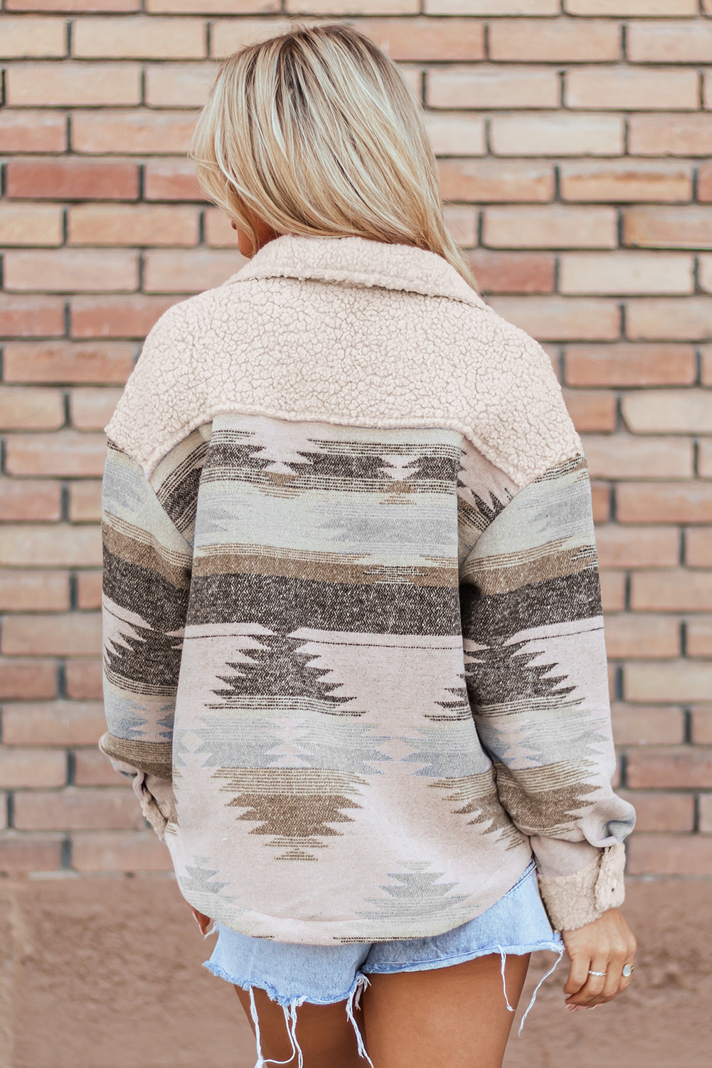 Khaki Western Aztec Print Sherpa Splicing Buttoned Flap Pocket Coat Jackets JT's Designer Fashion