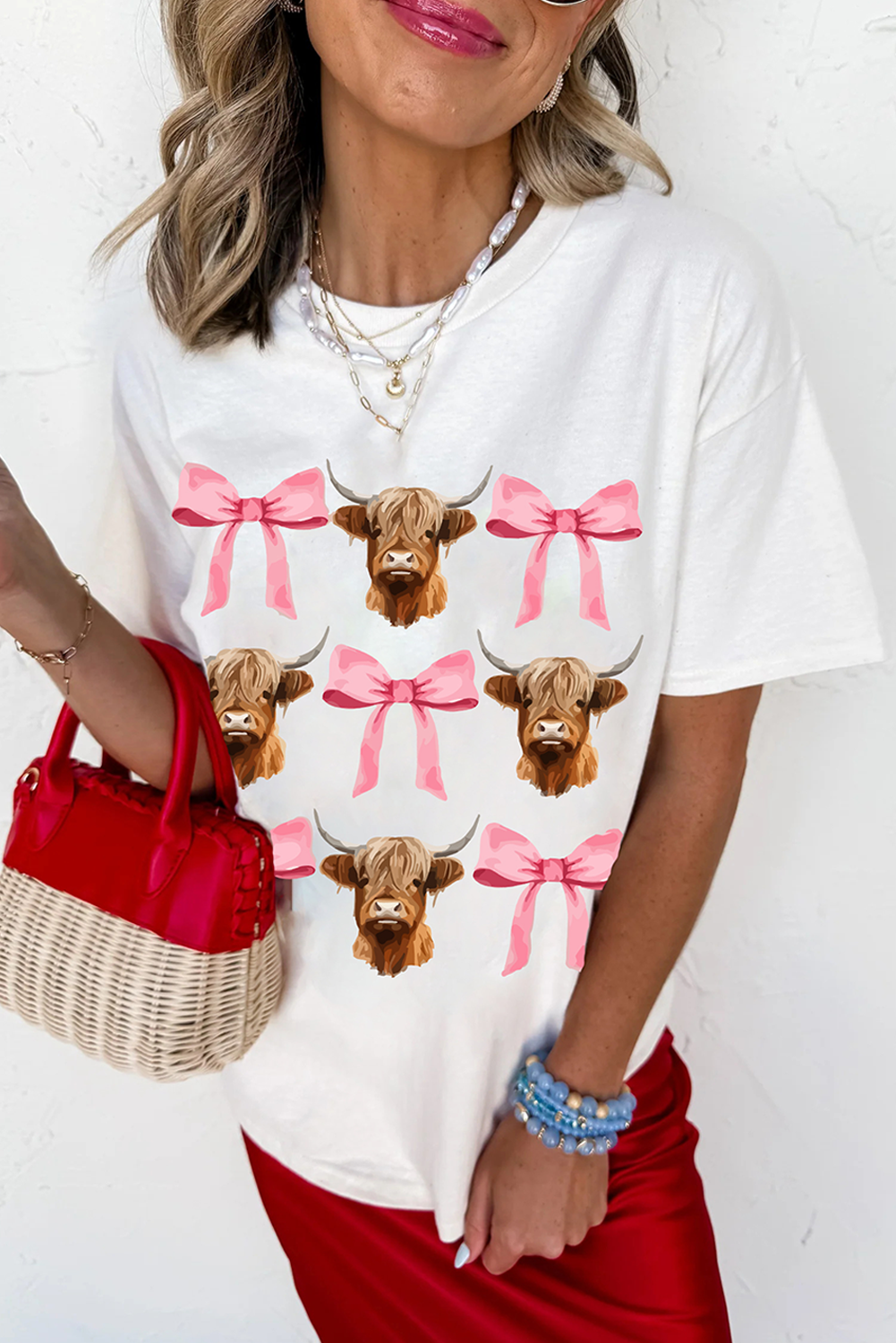 White Coquette Highland Cow Png Bows Graphic Tee Graphic Tees JT's Designer Fashion