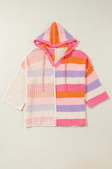 Pink Oversized Colorblock V Neck Hooded Sweater Sweaters JT's Designer Fashion