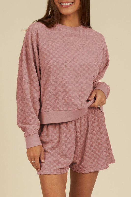 Blossom Checkered Textured Long Sleeve Top and Shorts Set Blossom 95%Polyester+5%Elastane Short Sets JT's Designer Fashion