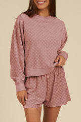 Blossom Checkered Textured Long Sleeve Top and Shorts Set Blossom 95%Polyester+5%Elastane Short Sets JT's Designer Fashion