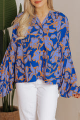 Blue Floral Print Batwing Sleeve Buttoned Loose Fit Shirt Blouses & Shirts JT's Designer Fashion