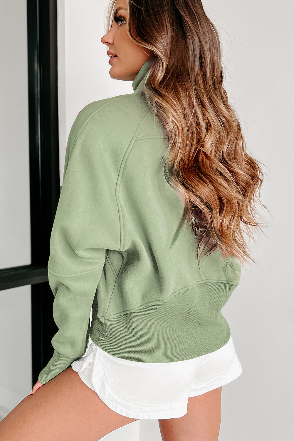 Smoke Green Fleece Lined Zip Up Stand Collar Thumbhole Sleeve Sweatshirt Sweatshirts & Hoodies JT's Designer Fashion
