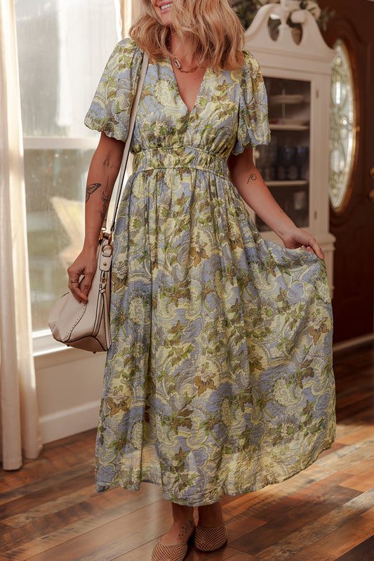 Multicolour Vintage Floral V Neck Short Puff Sleeve Long Dress Dresses JT's Designer Fashion