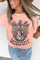 Pink Nashville MUSIC CITY Guitar Graphic Crewneck Tee Graphic Tees JT's Designer Fashion