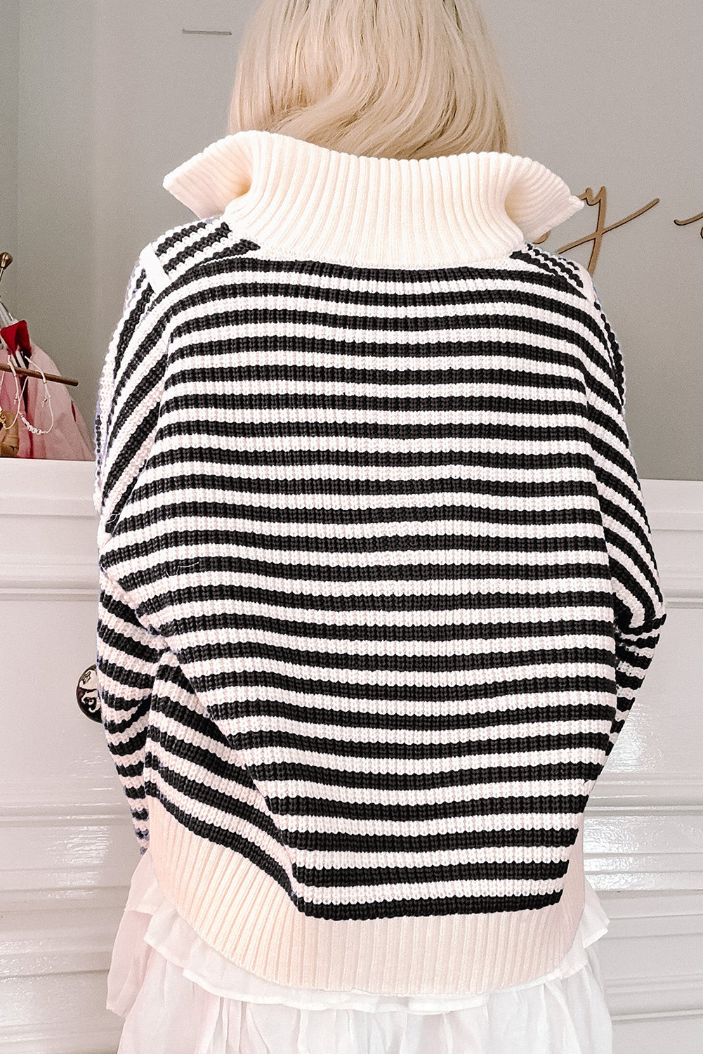 Black Stripe Zip up Collar Drop Shoulder Sweater Sweaters JT's Designer Fashion