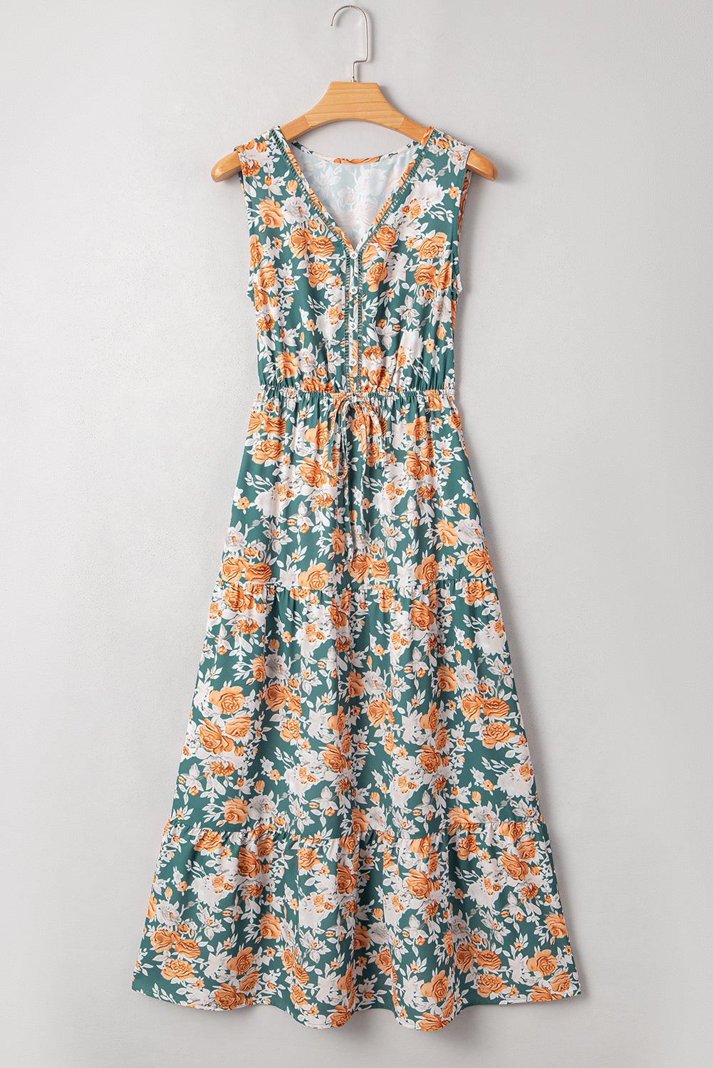 Green Floral Print Trimmed V Neck Tie Waist Sleeveless Holiday Long Dress Maxi Dresses JT's Designer Fashion
