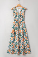 Green Floral Print Trimmed V Neck Tie Waist Sleeveless Holiday Long Dress Maxi Dresses JT's Designer Fashion