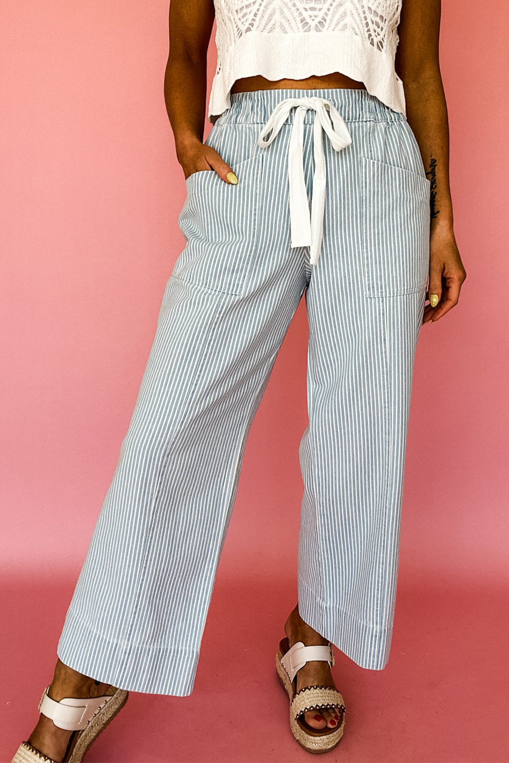 Sky Blue Stripe Mid Rise Drawstring Waist Jeans Sky Blue Stripe 85%Cotton+15%Polyester Jeans JT's Designer Fashion
