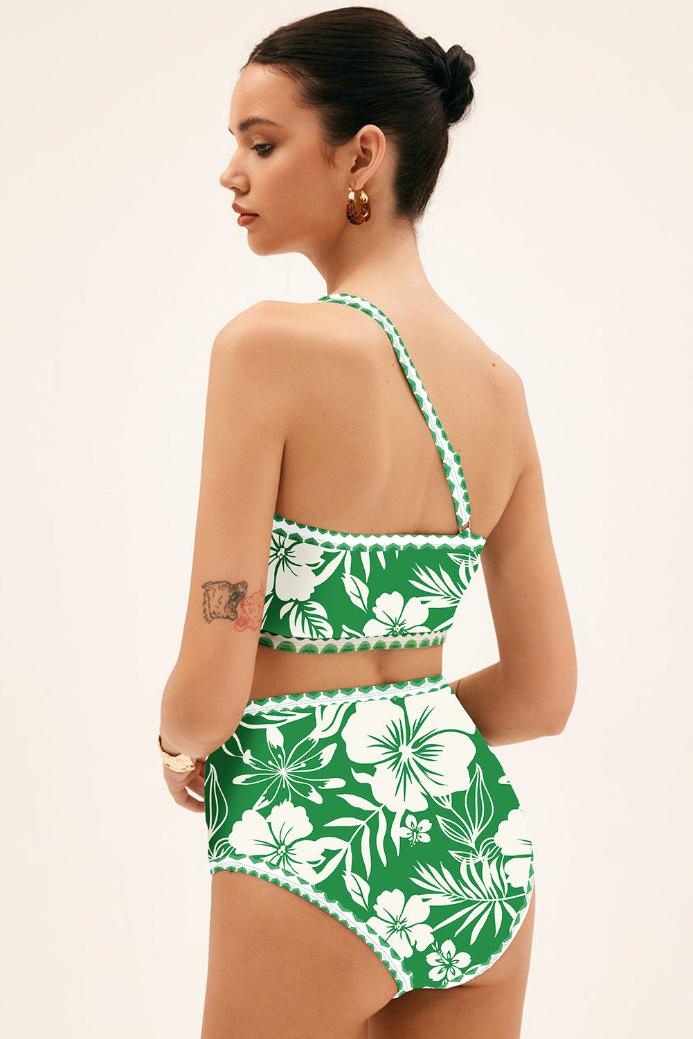 Green Floral Print One Shoulder High Waist Bikini Set Bikinis JT's Designer Fashion