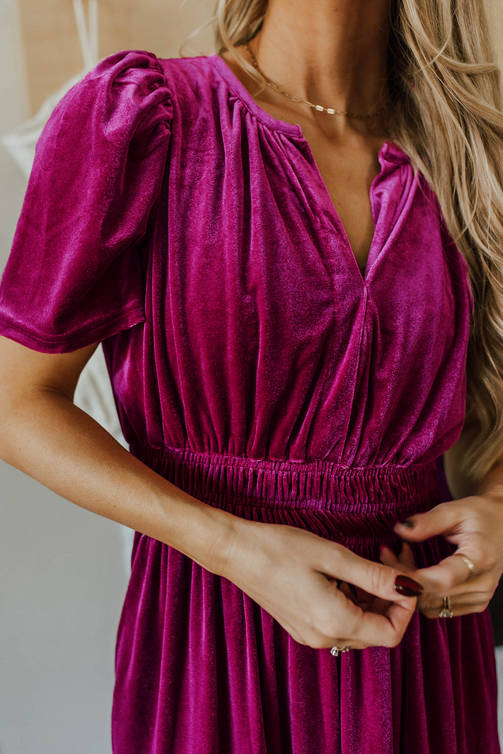 Red Dahlia Velvet Short Sleeve Shirred Waist Tiered Long Dress Maxi Dresses JT's Designer Fashion