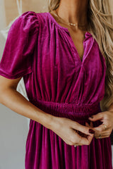 Red Dahlia Velvet Short Sleeve Shirred Waist Tiered Long Dress Maxi Dresses JT's Designer Fashion