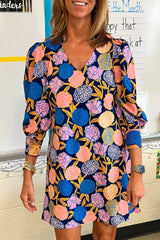 Navy Blue Hydrangea Floral Print Bishop Sleeve V Neck Shift Dress Navy Blue 100%Polyester Floral Dresses JT's Designer Fashion