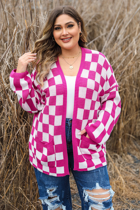 Bonbon Checkered Pattern Open Front Plus Size Cardigan Bonbon 55%Acrylic+45%Cotton Plus Size Sweaters & Cardigans JT's Designer Fashion