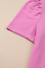 Bright Pink Corded Knit Crew Neck Puff Sleeve Shift Mini Dress T Shirt Dresses JT's Designer Fashion