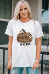 White Hello Fall Leopard Pumpkin Graphic T Shirt Graphic Tees JT's Designer Fashion