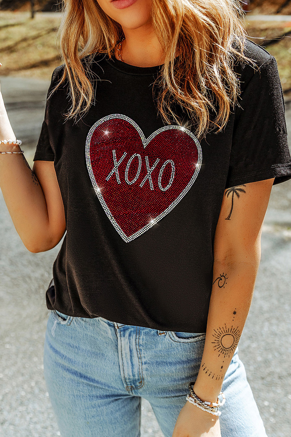 Black Rhinestone XOXO Heart Graphic Crewneck Tee Graphic Tees JT's Designer Fashion