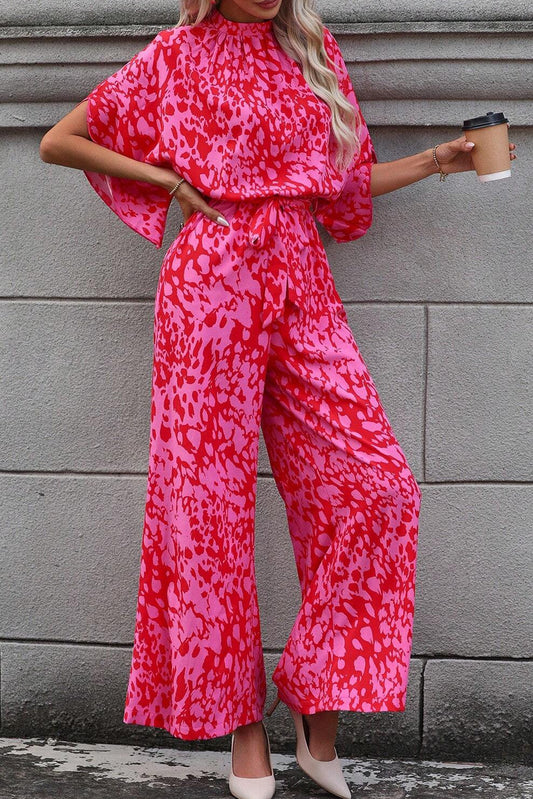 Rose Leopard Loose Sleeve Belted Wide Leg Jumpsuit Bottoms JT's Designer Fashion