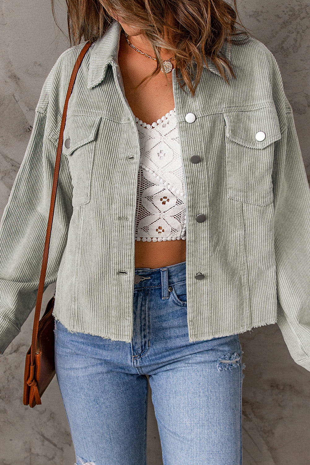 Sky Blue Raw Hem Flap Pockets Cropped Corduroy Jacket Jackets JT's Designer Fashion