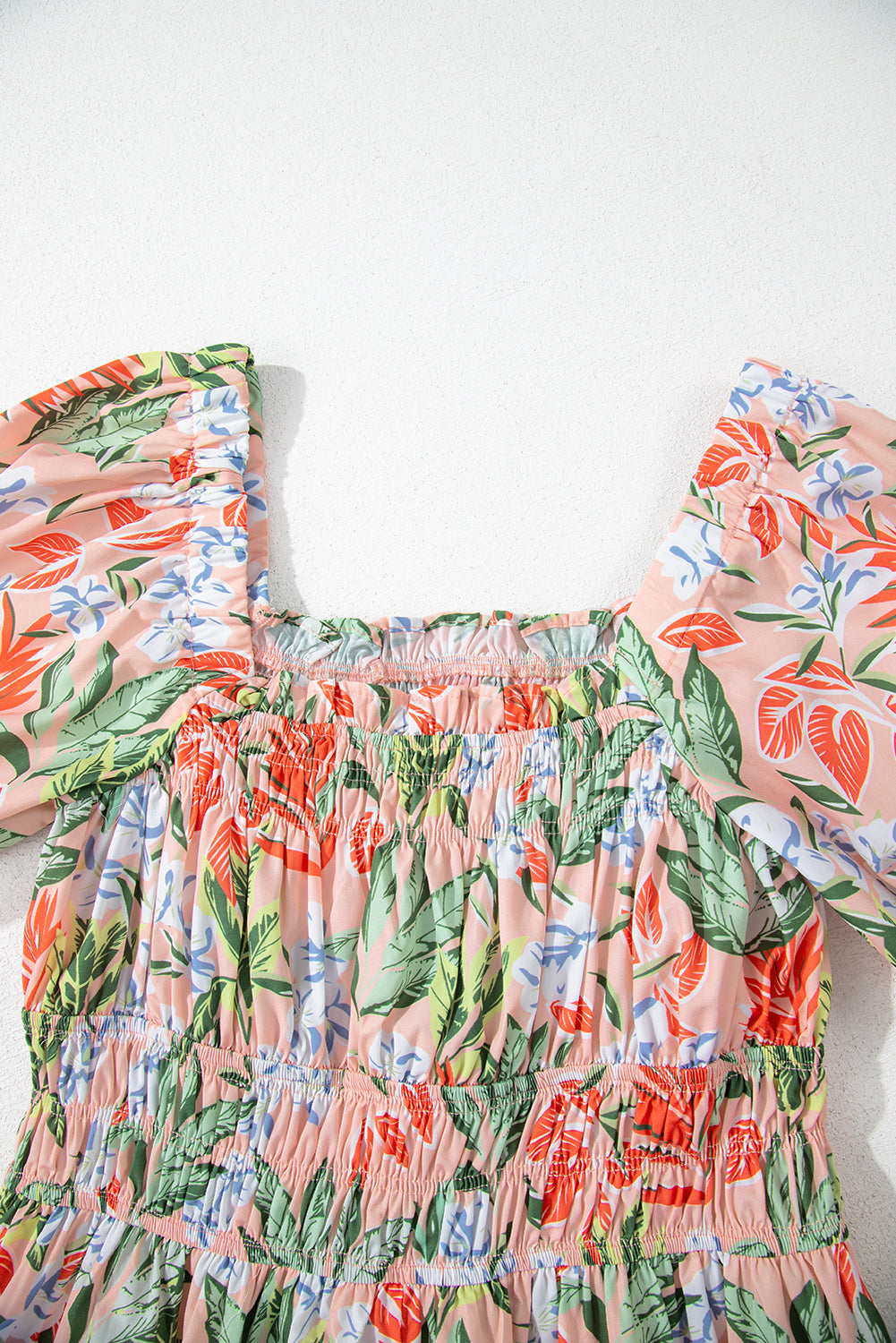 Apricot Pink Floral Smocked Bust Bubble Short Sleeve Long Dress Maxi Dresses JT's Designer Fashion