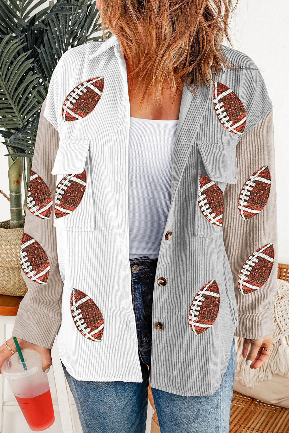 White Sequin Rugby Graphic Flap Pockets Corduroy Shacket Jackets JT's Designer Fashion
