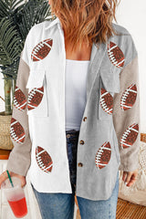White Sequin Rugby Graphic Flap Pockets Corduroy Shacket Jackets JT's Designer Fashion