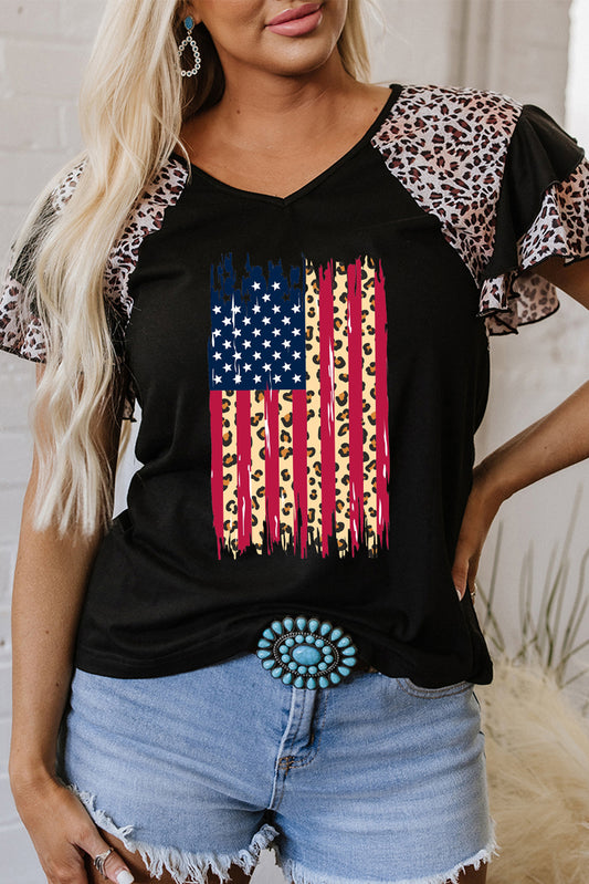 Black Leopard Patchwork Frayed USA Flag Print Ruffle Short Sleeve V Neck Tee Graphic Tees JT's Designer Fashion