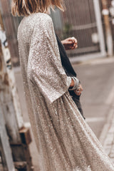 Apricot Sequin 3/4 Sleeve Open Front Duster Kimono Kimonos JT's Designer Fashion