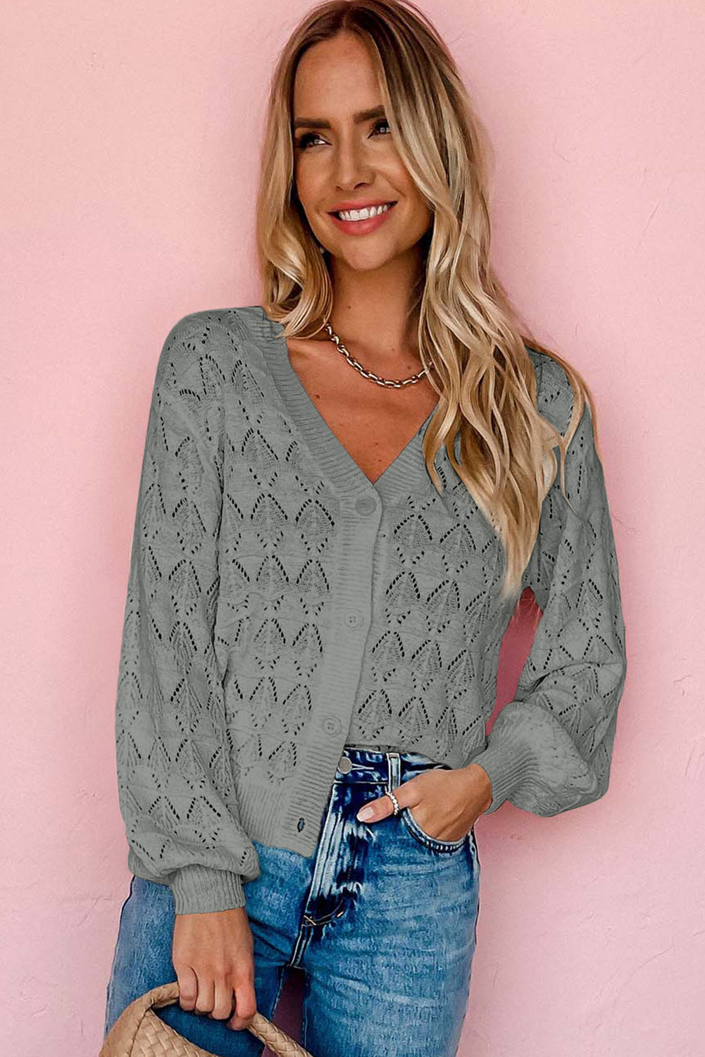Gray Lightweight Buttoned Front Crochet Cardigan Cardigans JT's Designer Fashion