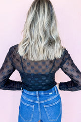 Black Mesh Bow Pattern Long Sleeve Top Long Sleeve Tops JT's Designer Fashion