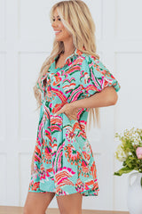 Green Abstract Print Lace-up High Waist Buttoned Mini Dress Mini Dresses JT's Designer Fashion