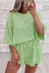Meadow Mist Green Solid Loose V Neck Half Sleeve Tee and Shorts Short Sets JT's Designer Fashion