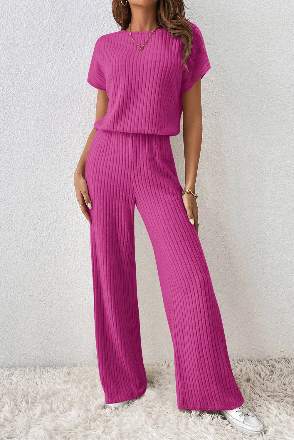 Rose Red Solid Color Ribbed Short Sleeve Wide Leg Jumpsuit Bottoms JT's Designer Fashion
