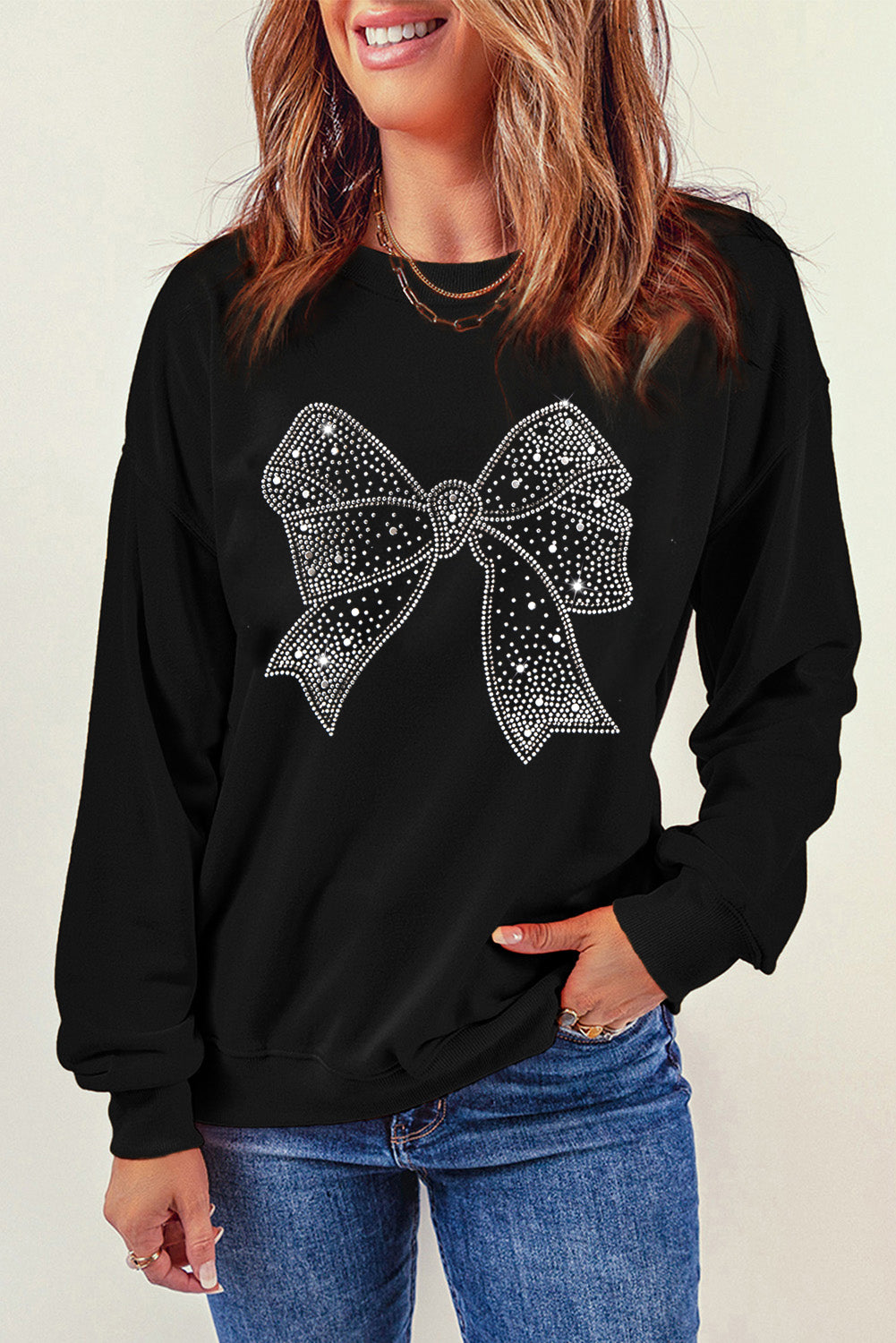 Black Rhinestone Bowknot Graphic Crewneck Pullover Sweatshirt Graphic Sweatshirts JT's Designer Fashion