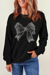 Black Rhinestone Bowknot Graphic Crewneck Pullover Sweatshirt Graphic Sweatshirts JT's Designer Fashion