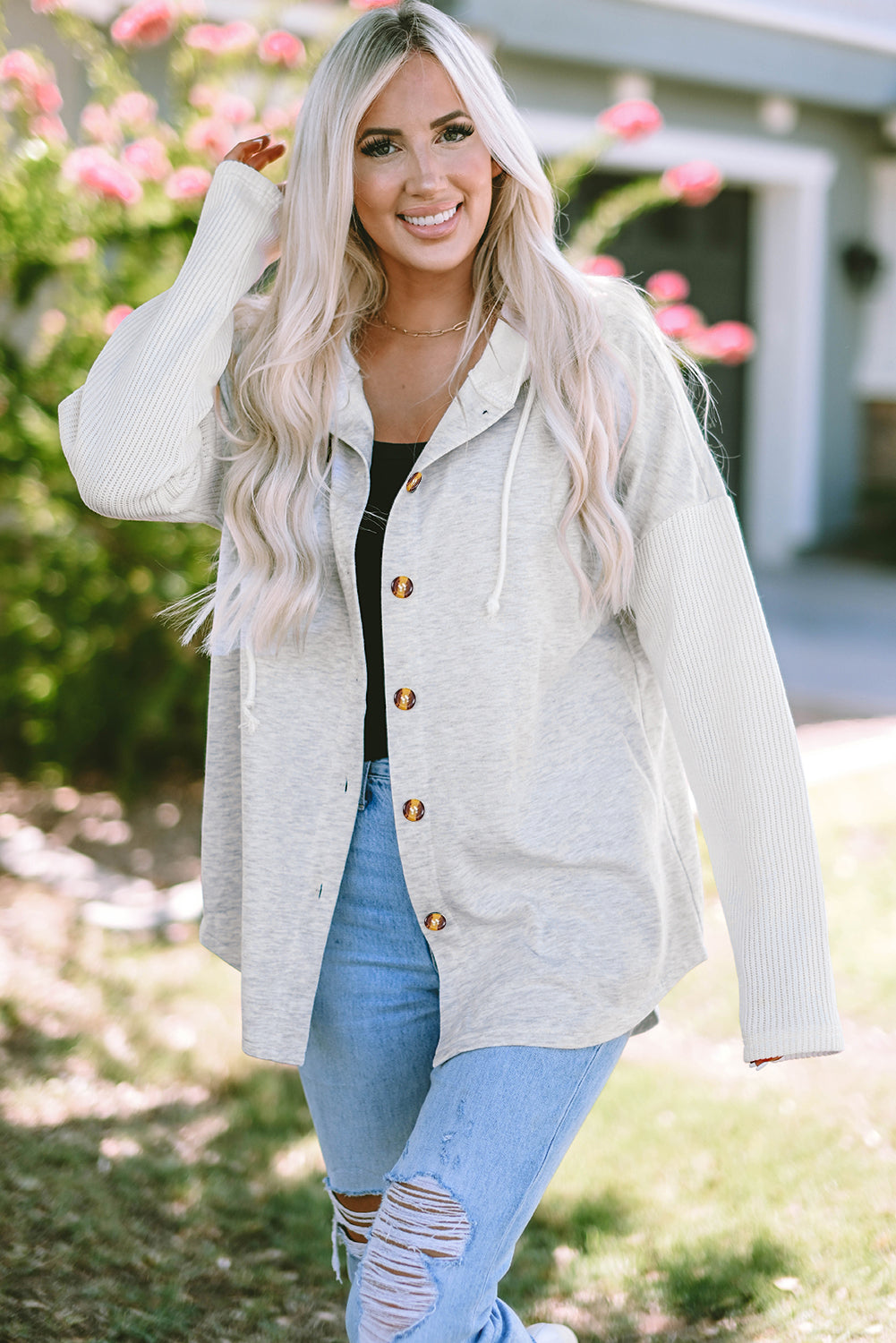 Gray Button Up Contrast Knitted Sleeves Hooded Jacket Jackets JT's Designer Fashion