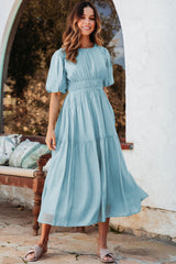 Light Blue Puff Sleeve Pleated High Waist Flowy Long Dress Maxi Dresses JT's Designer Fashion