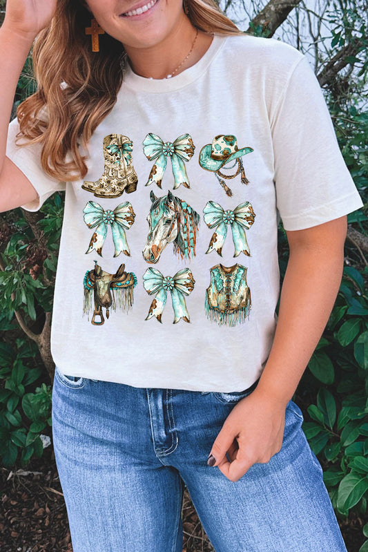 White Horse Bowknot Cowgirl Fashion Print Crewneck Tee Graphic Tees JT's Designer Fashion