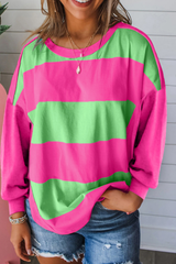 Light Green Colorblock Striped Drop Shoulder Loose Top Long Sleeve Tops JT's Designer Fashion